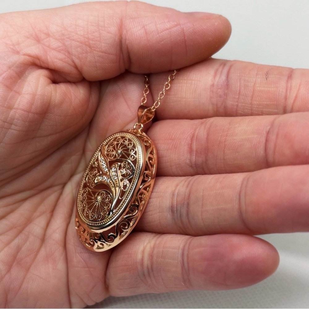 585 Stamped Rose Gold Plated Sterling Silver Vintage Style Oval Zircon Necklace - Picture 4 of 9